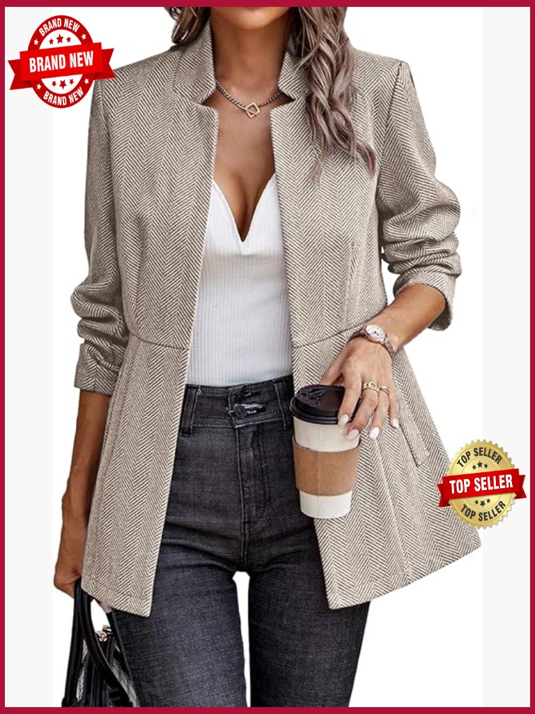 Women's Open Front Herringbone Blazer Business Casual Work Jacket